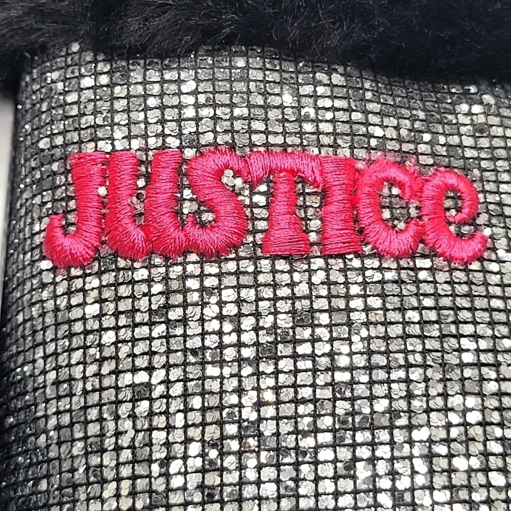 NWT Justice Size 4/5 Child Slippers Faux Fur Black Pink Embellished Spar…